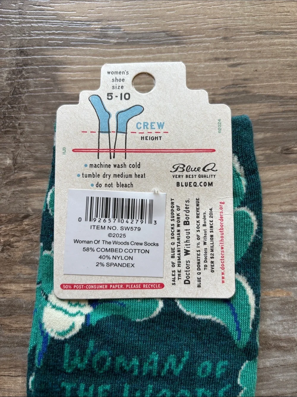 Blue Q Green and Teal Leaf Crew Socks with Blue Toe